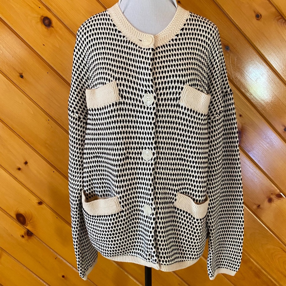Varley Tidewell Textured Knit Jacket Large Cream Cotton Sweater Cardigan NEW